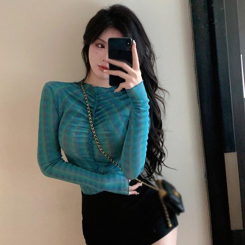 Women's Top Long Sleeve Slightly Transparent Half Turtleneck