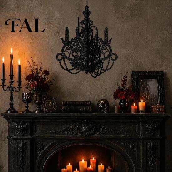 Secret Room Hanging Decor 3D Candlestick Chandelier Ceiling Ornament, Gothic Halloween Glitter Detailed Hollow Carved Ornaments Decoration for Holiday