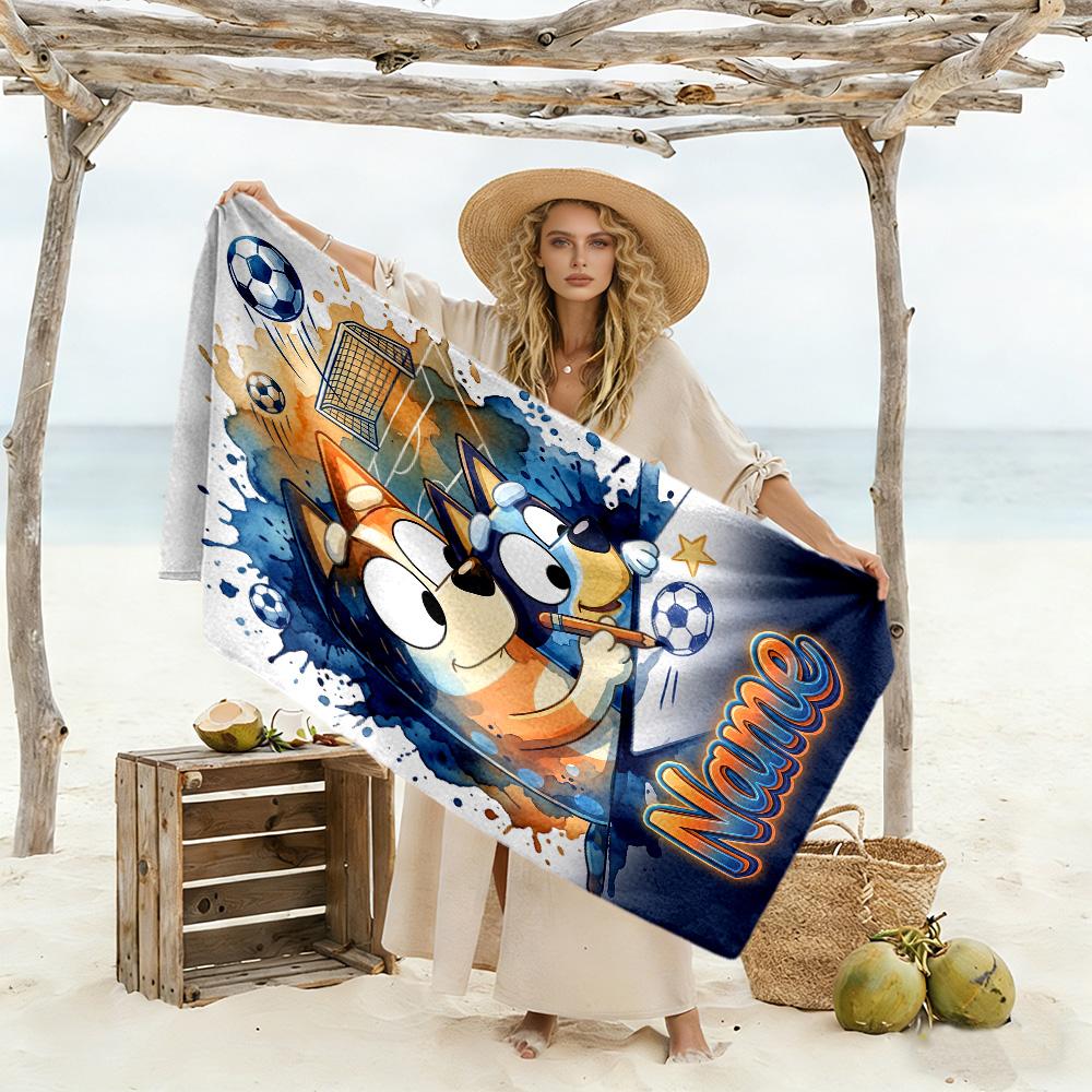 Soccer Fun Bluey Customized Name Beach Towel Super Soft Microfiber Quickdry Fabric Suitable for Sports Travel Swimming Yoga Bathroom Beach And Pool