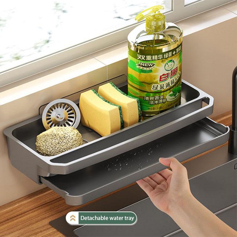 Кухонная полка для хранения смесителя, регулируемая, без отверстий, сушилка с поддоном, полка для раковины, настенная полка для хранения губок