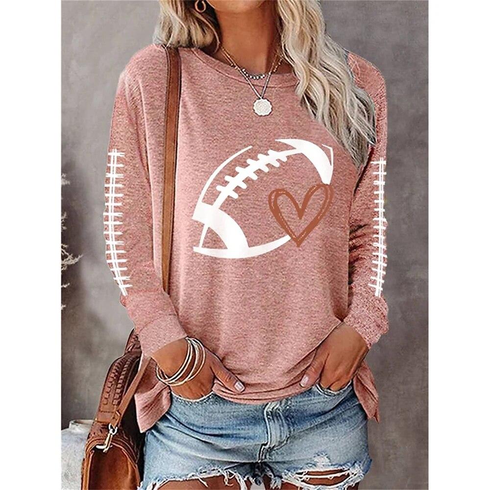 American Football Print Long Sleeve Tops Women Fashion Casual Tees Loose O-Neck T-Shirt Game Day Ladies Clothing