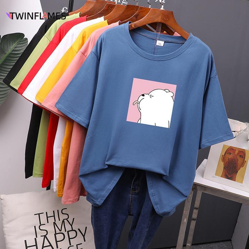 TWINFLAMES Cute Bear Printed T Shirt Women Oversized Cotton Summer Tees Soft Female Jumper Top