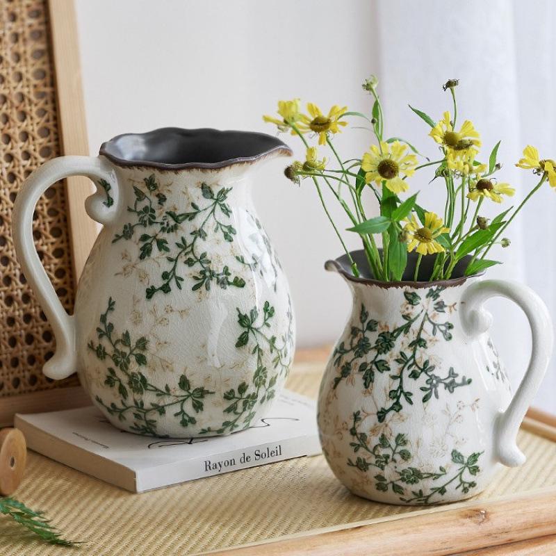Американская Country Керамический Молочник-Ваза с Глазурью Кракелюр - Пасторальный Фэн-шуй Цветочная Композиция Ретро Декор