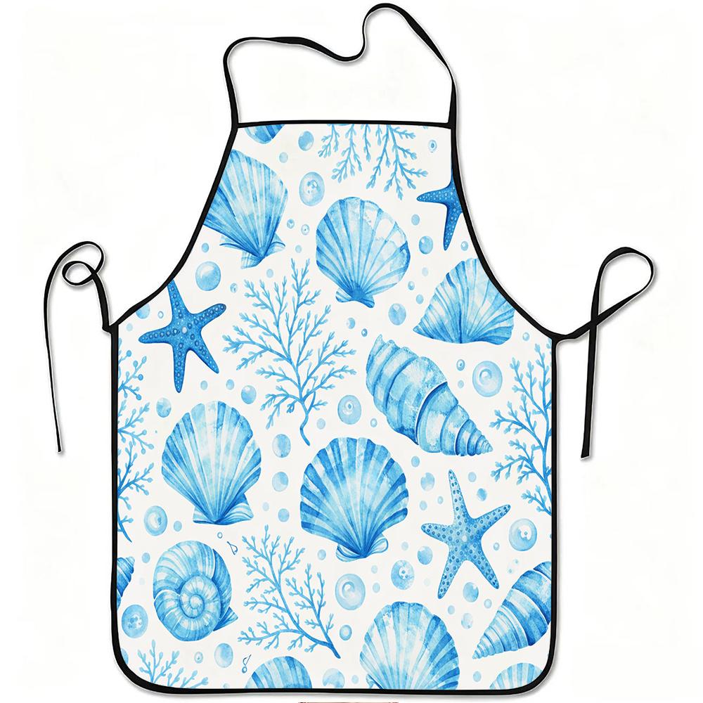 1pc Ocean Seashell Starfish Coral Print Apron, Durable and Easy to Clean, Adjustable Waistband, Polyester Material, for Kitchen Cooking, Gardening, Or