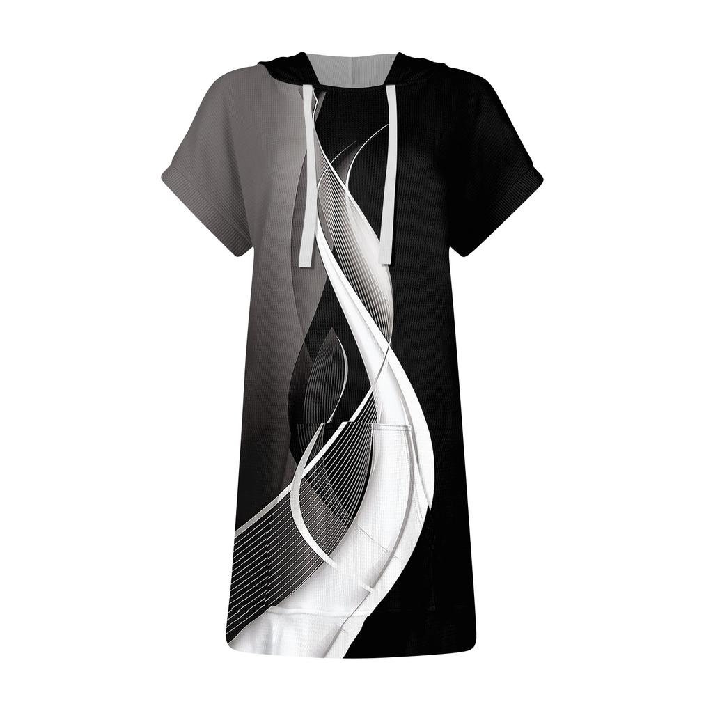 Женские свободные рубашки с принтом, толстовки с короткими рукавами и шнурком, вязаная туника с боковыми разрезами, топы с капюшоном и карманом