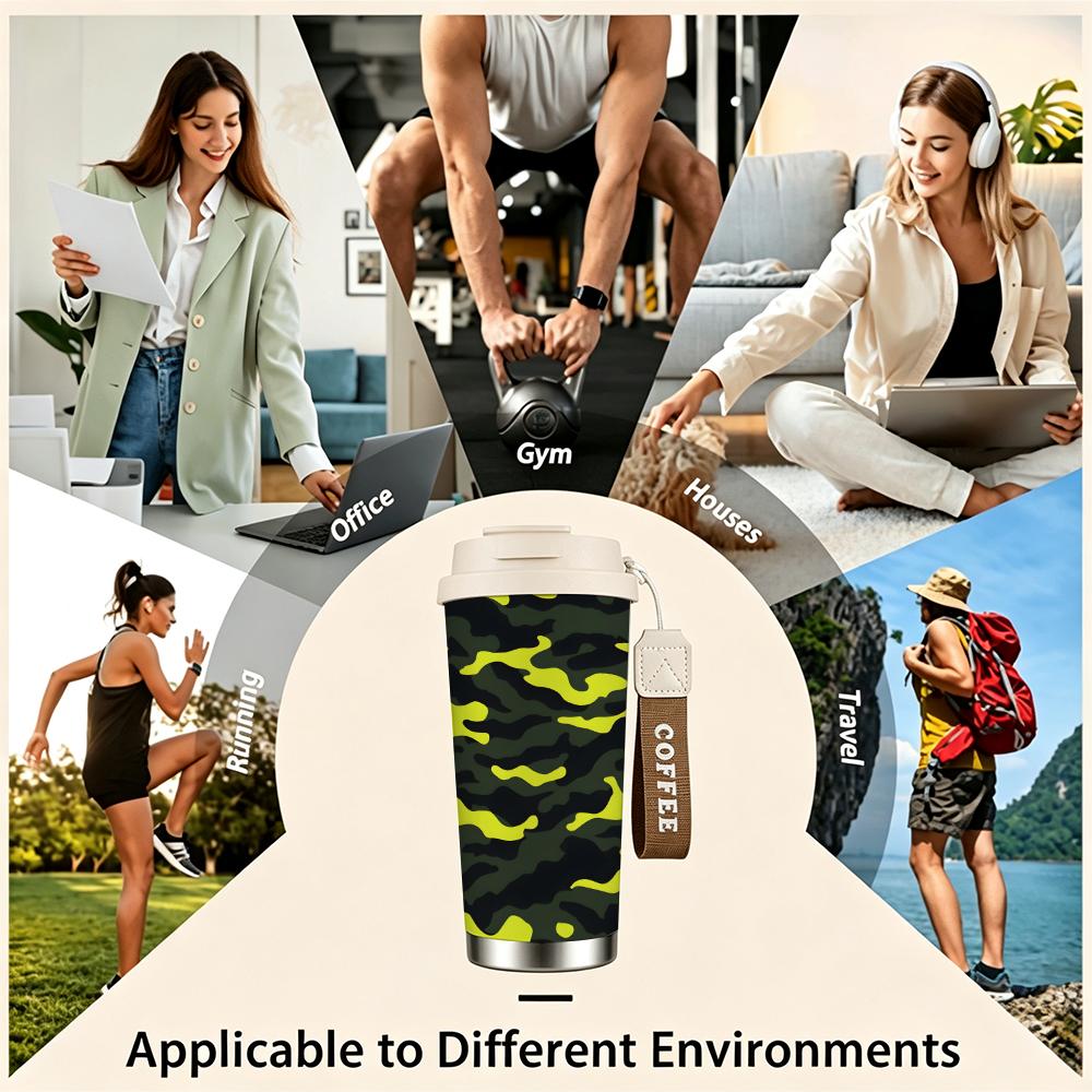 Neon Green Camouflage Tactical Style Insulated Coffee Tumbler Vacuum Stainless Steel Travel Mug Reusable Leakproof Cup for Outdoor Hiking