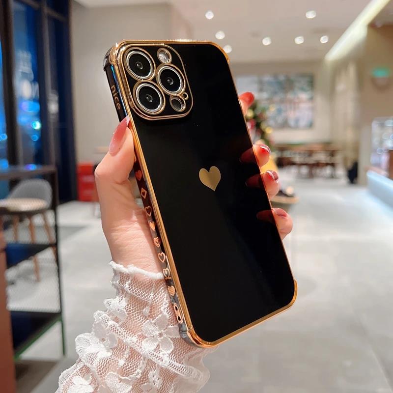 Soft Electroplated Love Heart Phone Case For iPhone 11 12 13 14 15 Pro Max XS X XR 7 8 Plus Mini SE 2020 Silicone Cases Cover