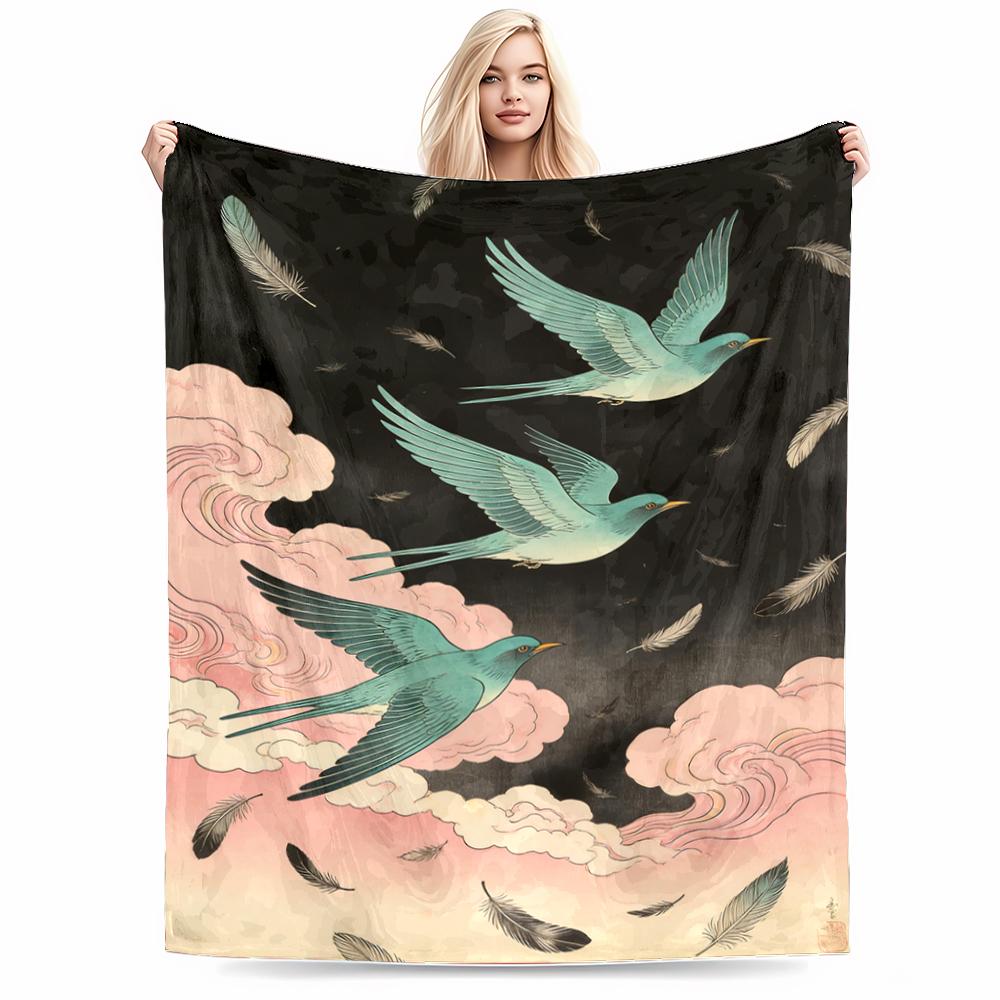 Flying Birds and Clouds Printed blanket with Feather Decor, Black Pink blanket, suitable for use in the bedroom, living room, on the sofa