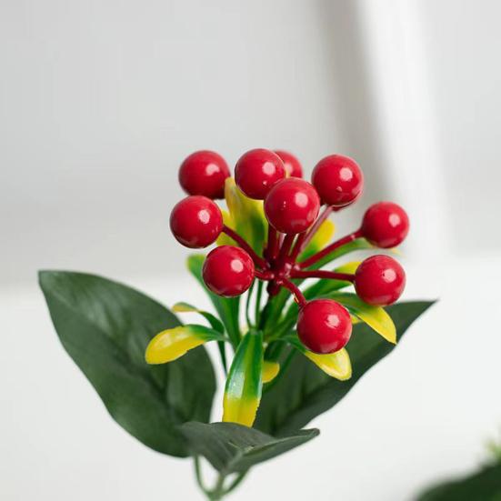 Искусственная ветка красного фруктового растения с зелеными листьями, стебель, реалистичное 6 вилок, искусственный золотой шар, новогоднее рождественское украшение дома
