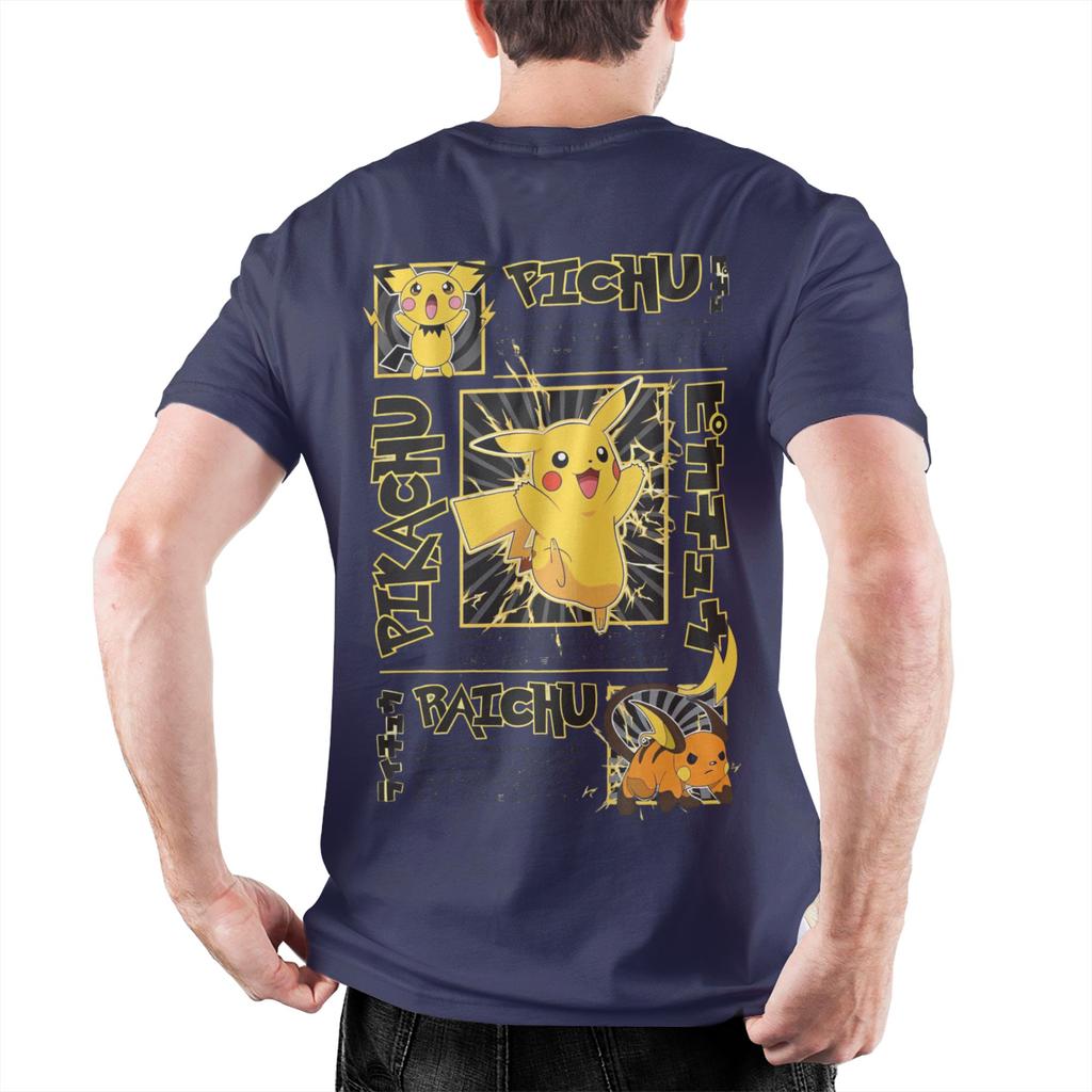 Retro Pokemoned Pichu Pikachu Raichu T Shirt Men's Crewneck Short Sleeve Tops Shirts Cotton Summer Tops