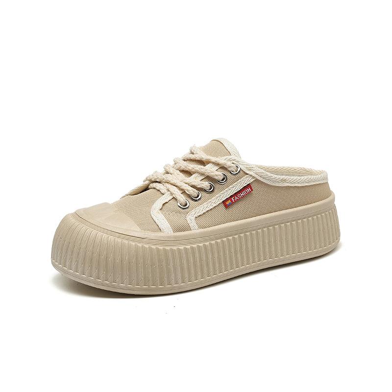Thick Bottom Toe Cap Half Slippers Women's Outdoor Wear Summer New White Shoes Canvas Shoes Sandals Ins Fashion