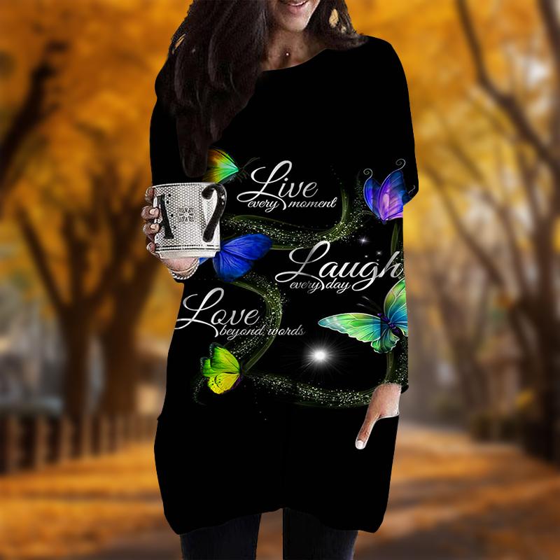Новинка осени с принтом в виде букв и бабочек, платье больших размеров для женщин с круглым вырезом, длинными рукавами, повседневные платья с карманами