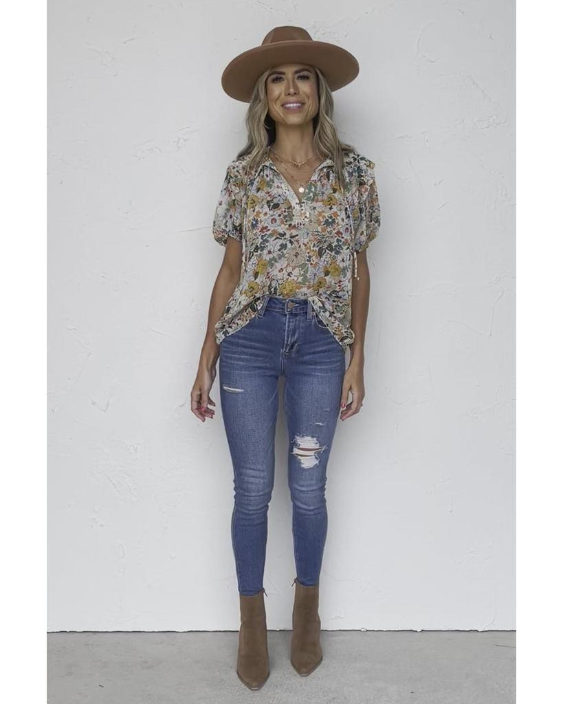 Azura Exchange Разноцветная блузка с V-образным вырезом и цветочным принтом