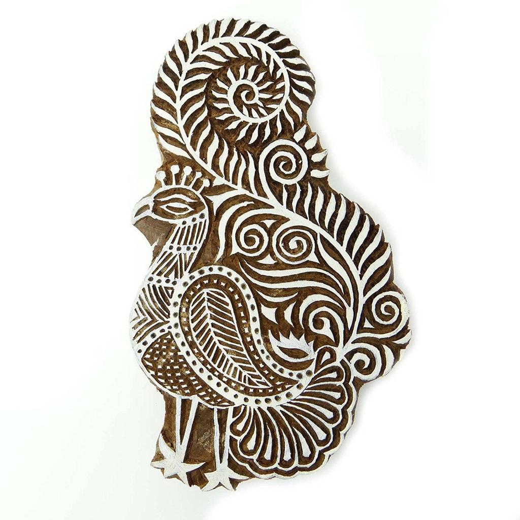 Вырезанная вручную индийская павлиновая деревянная печать для вырезок из текстиля