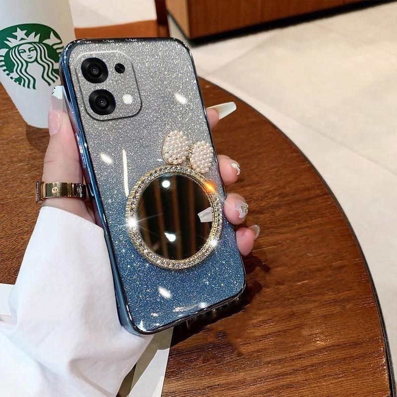 For OPPO A6 Pro Case with Bow Makeup Mirror Luxury Shiny Gradient Clear Plating Glitter Girls Slim for OPPO A6 Pro Back Cover