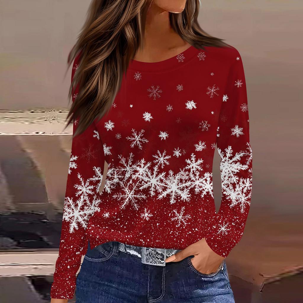 Women's Fashion Casual Slit Hem Round Neck Long Sleeve Loose Christmas Printed T-Shirt Ladies Top