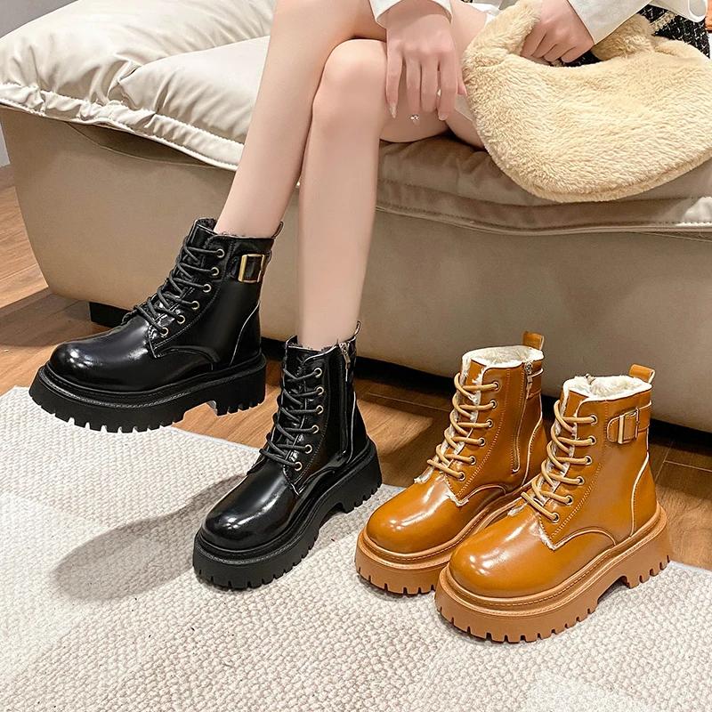 Fashion Chunky Platform Combat Boots for Women 2024 Winter Thicken Warm Plush Ankle Boots Woman Punk Thick Bottom PU Leather Botas Mujer