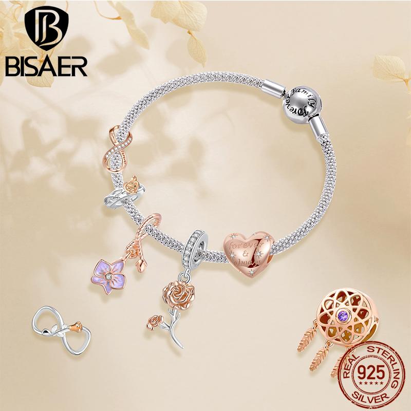 BISAER Шарм-бусина из серебра 925 пробы с покрытием из розового золота, кулон-сердце с цветком, для браслета девочки, DIY, День матери, День рождения, Тонкие ювелирные изделия