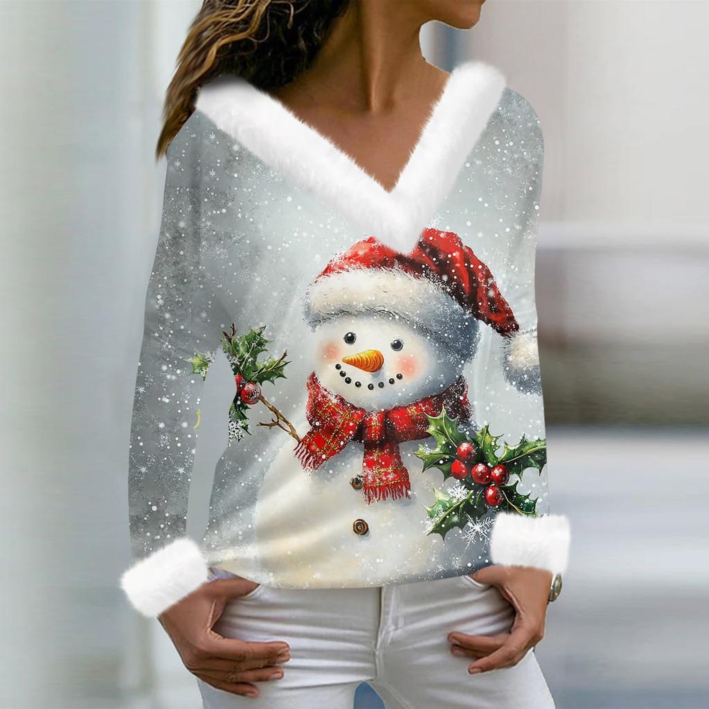 Женская футболка с рождественским принтом, длинный рукав, флисовый воротник, V-образный вырез, футболка