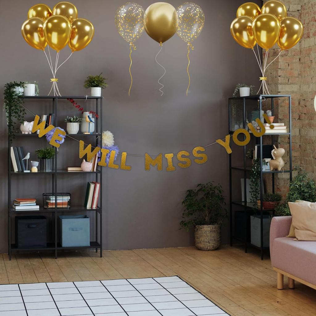 We Will Miss You Banner, Farewell Party Decoration, Perfect Pre-Strung Glitter Gold Sign for Going Away, Retirement, Coworker Leaving, or Goodbyes, 7