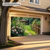 One 2D flat-printed floral garden path with pink roses, bamboo fence, garage door banner -.