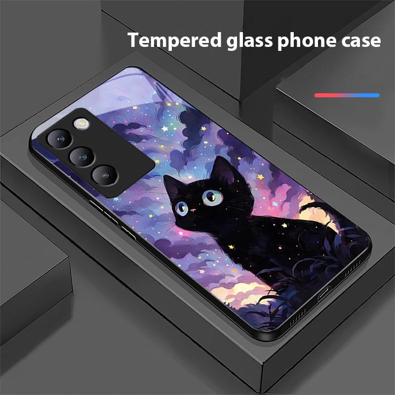 Милый маленький котик для Y72 33S 11 03 36 96 Lite 35 16 Iqoo 12 V40 SE 5G 29 40 21 30 X80 Pro Vivo Чехол для телефона из закаленного стекла Черный