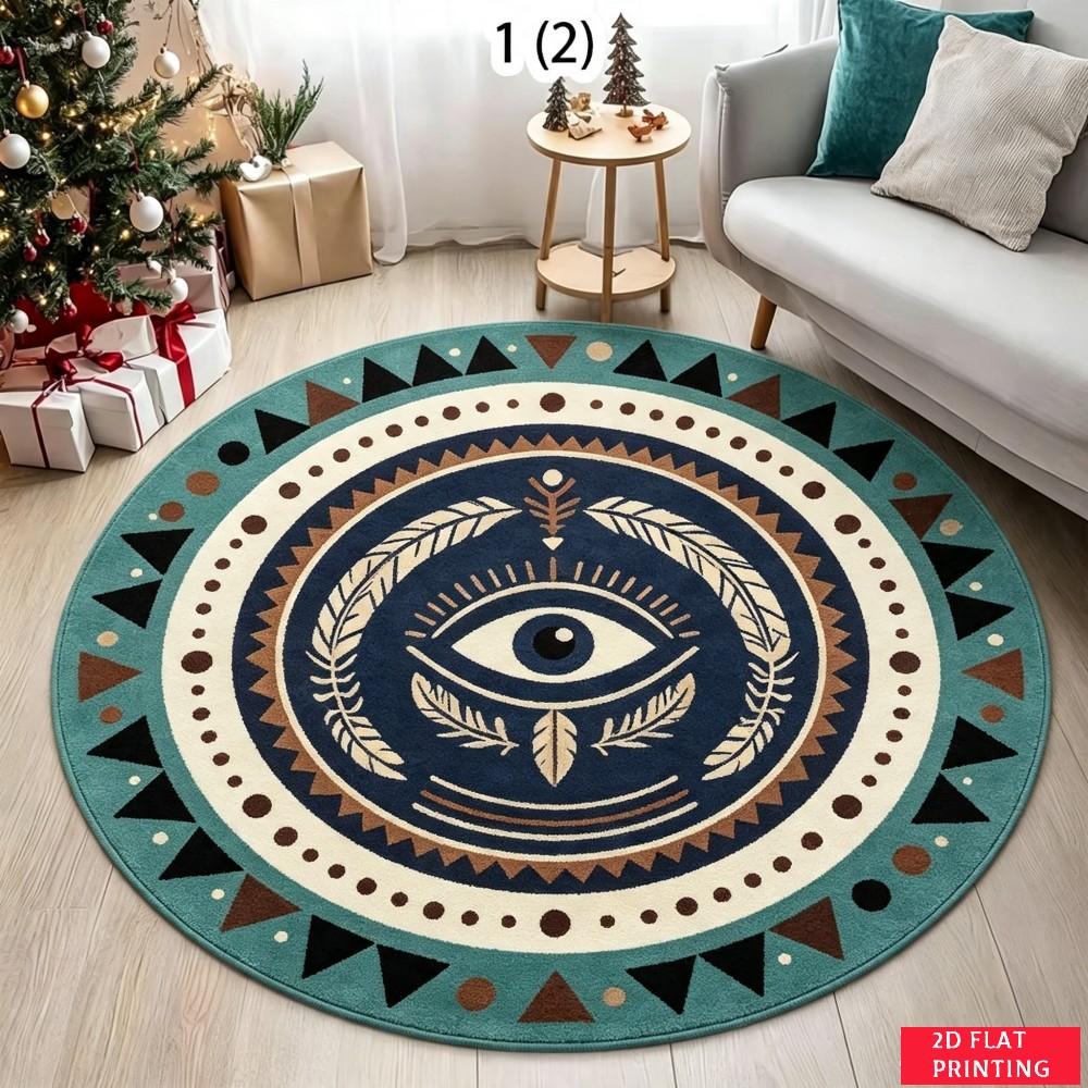 Modern Geometric Aztec Tribal Pattern Black White Grey Round Rug For Contemporary Living Room Featuring Bold Abstract Rug