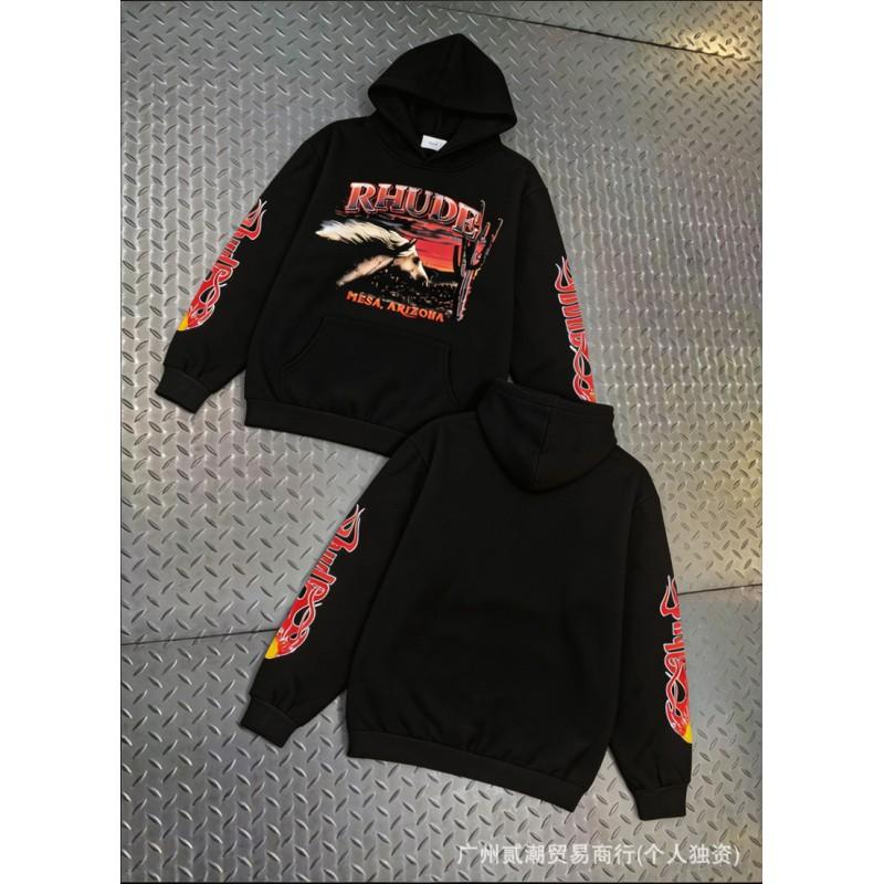 26SS American Streetwear RHUDE Racing Graphic Print Hoodie Couple Loose Fit Pullover