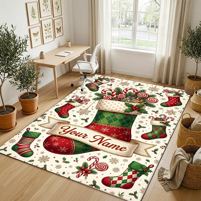 Christmas Theme Crystal Velvet Rug Personalized Custom Name Text Soft Floor Mat Home Decor