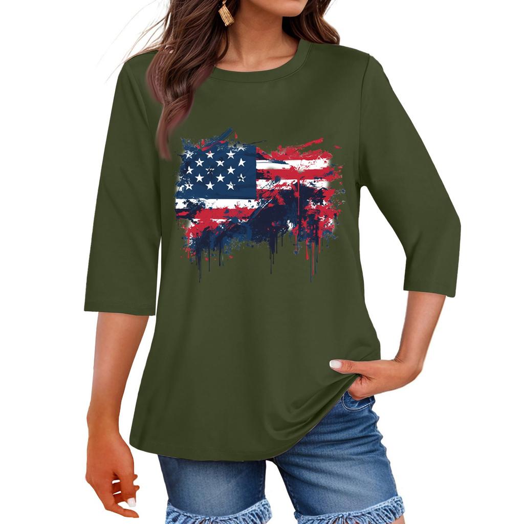 Women's Print Round Neck Top With Three Quarter Sleeves T-Shirt Three Quarter Sleeves T-Shirt