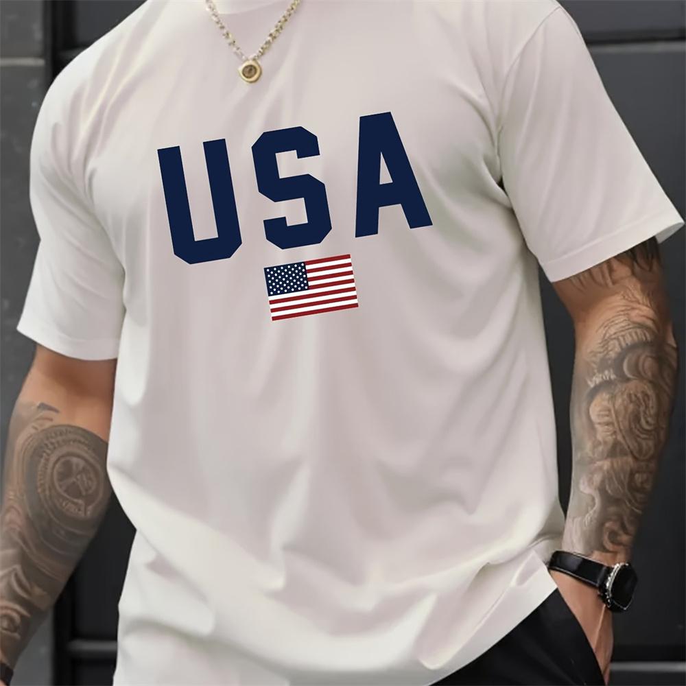 Мужская летняя футболка с круглым вырезом и коротким рукавом с узором в виде алфавита - дышащая полиэстеровая ткань, слегка эластичная, стандартный крой, повседневная