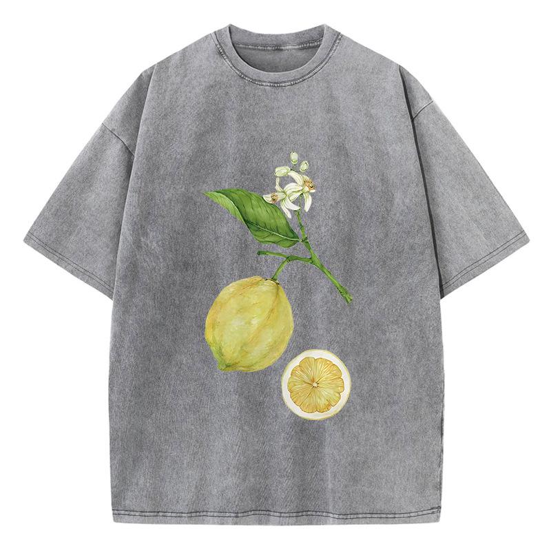 Retro Lemon Printing Washed T-Shirt Womens Cotton T Shirts C