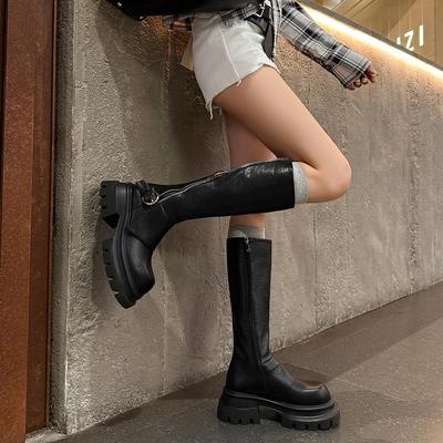 Сладкая крутая пряжка ремня, рыцарские ботинки на толстой подошве, женские кожаные ботфорты до колена, ретро коричневые ботинки, с круглым носком, высокие ботинки