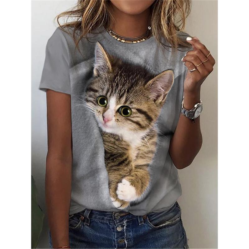 Милая футболка с рисунком собаки и кошки для женщин Футболки с 3D-принтом в виде животных Летние свободные футболки с короткими рукавами и круглым вырезом Топы в уличном стиле