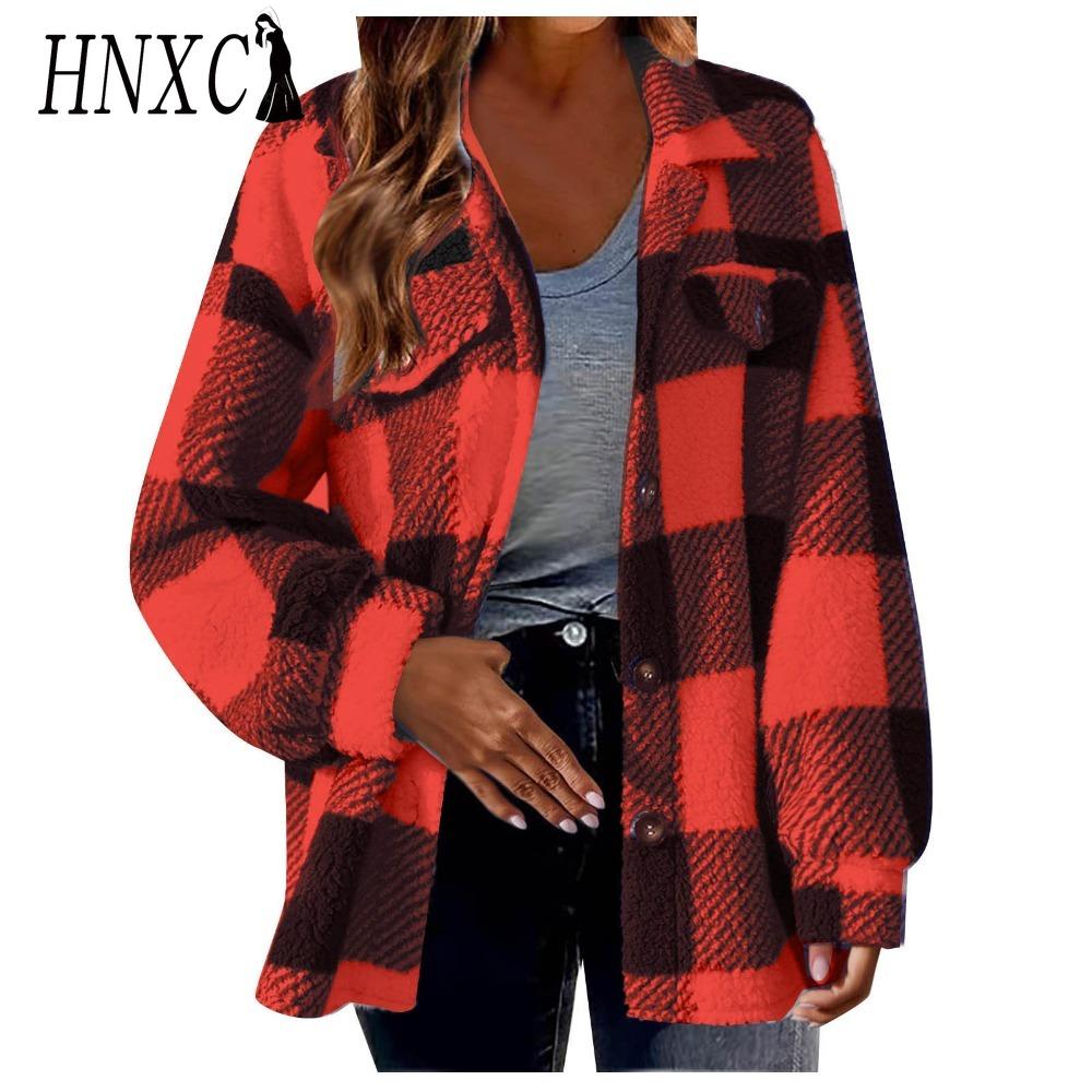 HNXC Женские винтажные повседневные решетчатые куртки и пальто с длинным рукавом и воротником-поло на осень-зиму