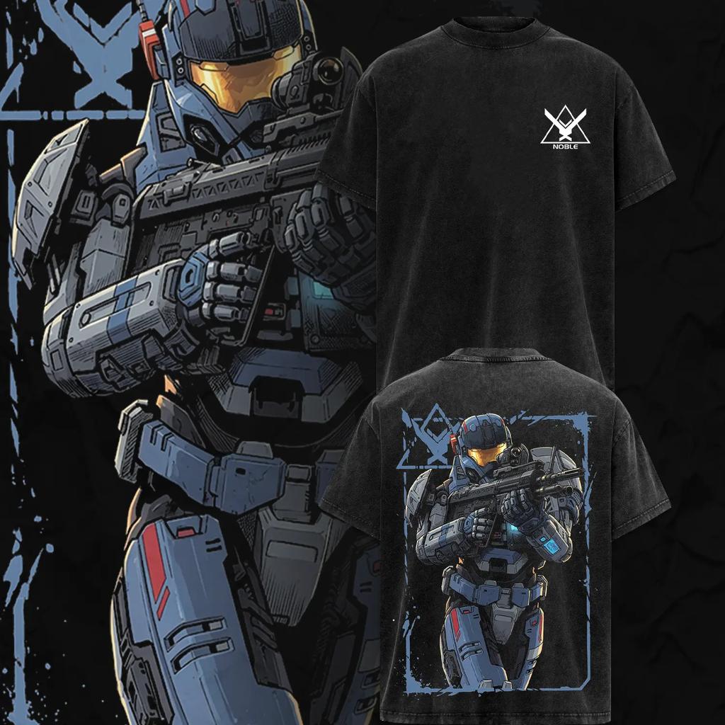 Noble Team Halo Reach Double Print Acid Wash Oversized Cotton Game T-shirt