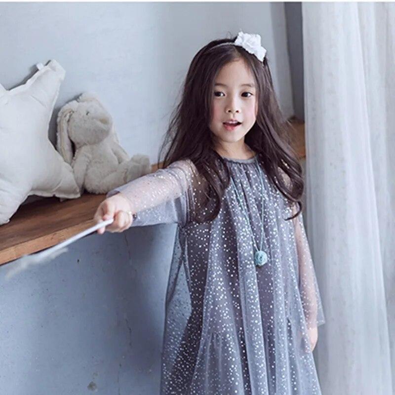 Summer Dress 2023 Shiny Star Pattern Girls Yarn Cotton Lined Princess Dress Christmas O-Neck Kids Long Sleeve Dresses