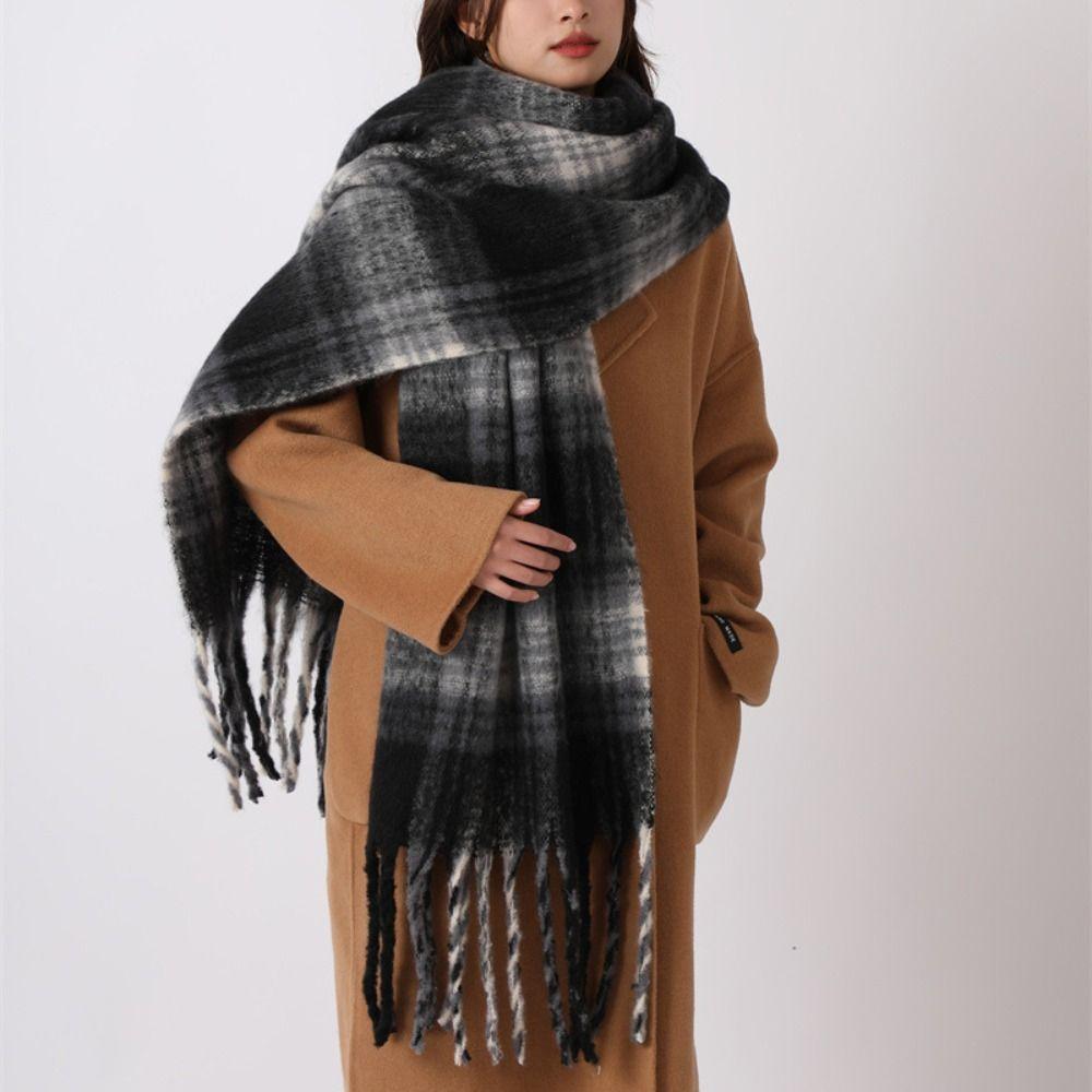 Tassel Plaid Wool Scarf Mohair Long Shawl Simple Winter Cashmere Scarves  Autumn Winter