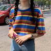Women's Fashion Summer Casual T Shirt Short Sleeve O-Neck Rainbow Striped Flower Loose Tee