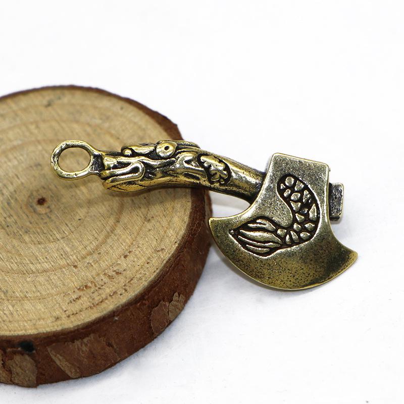"Handmade Vintage Brass Dragon Axe Keychain Pendant"