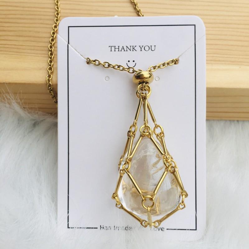 Adjustable Bamboo Link Chain Necklace With Handwoven Crystal Mesh Pendant Natural Gemstone Boho Choker Women Men
