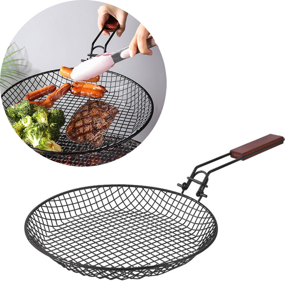 Outdoor Barbecue Stainless Steel Grilling Mesh Foldable Wooden Handle Non-stick Barbecue Basket Picnic Party Barbecue Equipment