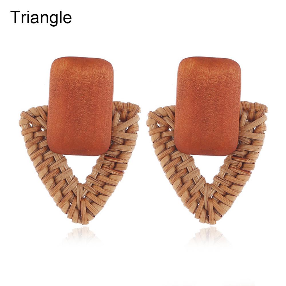 Handmade Korea Bamboo Wooden Straw Weave Rattan Knit Vine Circle Triangle Drop Earrings for Women Girl Beach Jewelry Earrings