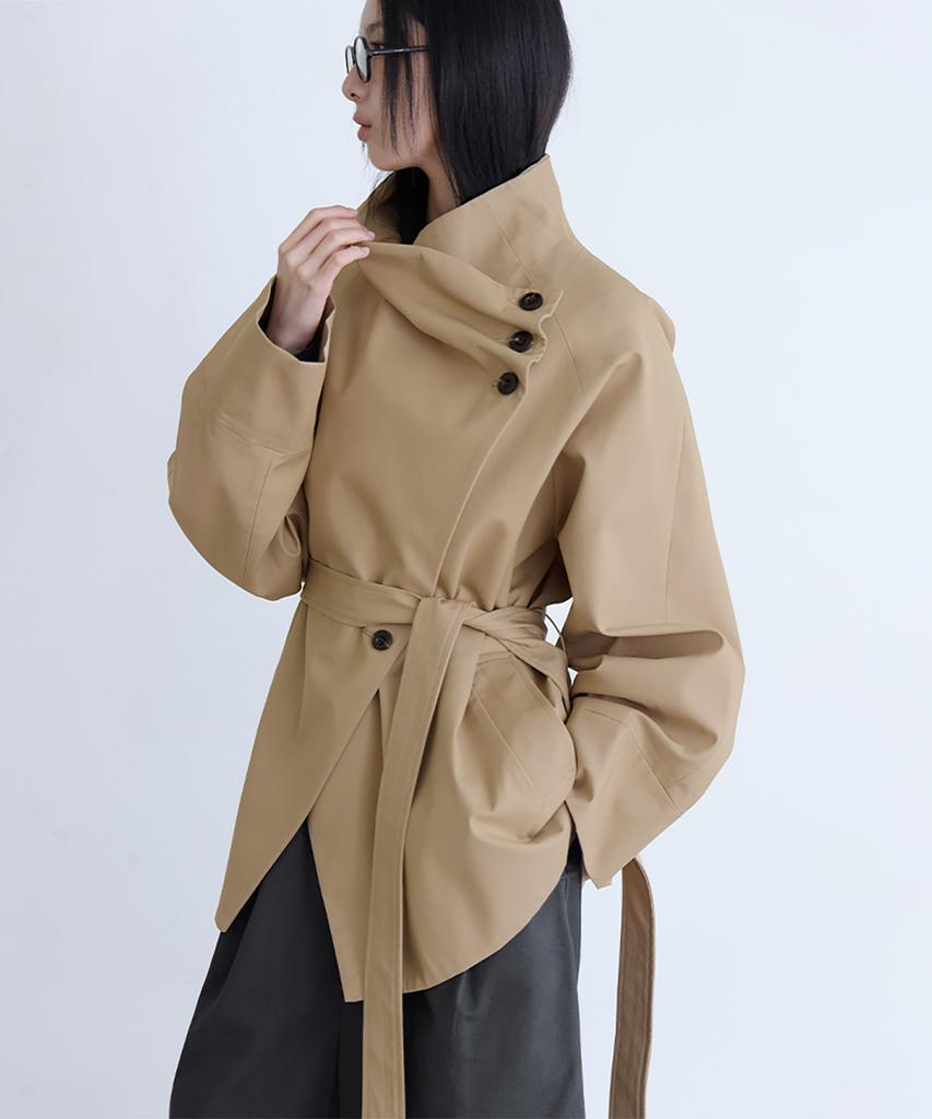 Londonda Draped High-Neck Half Trench Coat, Beige