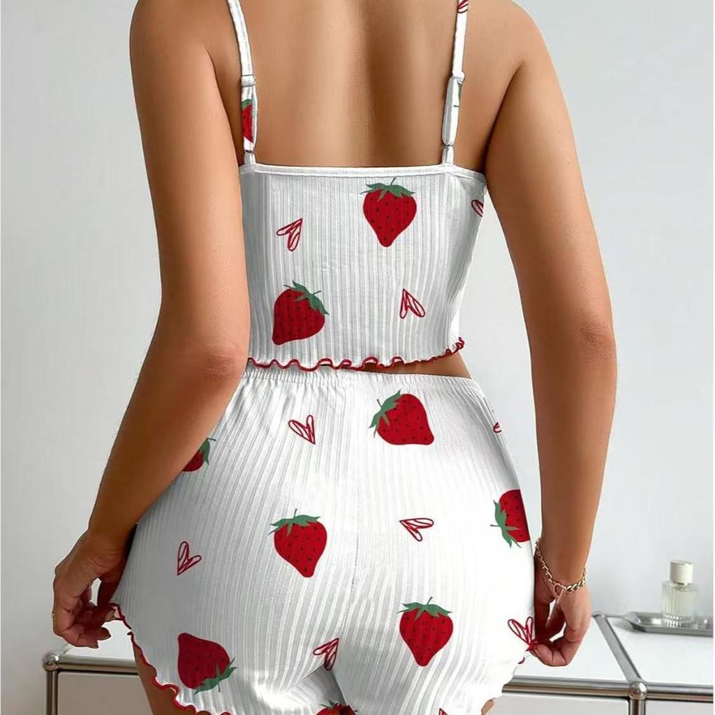 Strawberry Heart Print Women's Casual Camisole Shorts Set
