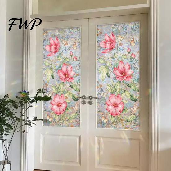 Dreamy Atmosphere Window Film Stained Glass Rainbow Flowers Decorative Decals Transparent But Not See-through Decal Sun Blocking Removable Static