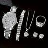 6 Pcs Round Rhinestone Quartz Watches Stainless Steel Strap Zinc Alloy Pointer Zinc Alloy Dial And Rhinestone Bracelet Necklace Earrings Jewelry