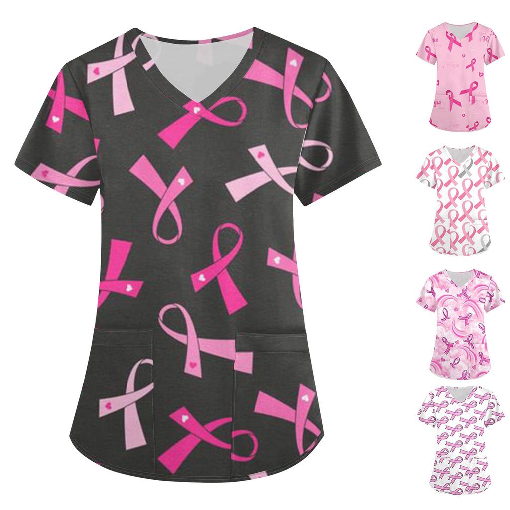 Women's Short Sleeve Breast Printed V-neck Pocket Uniform Upper Garment