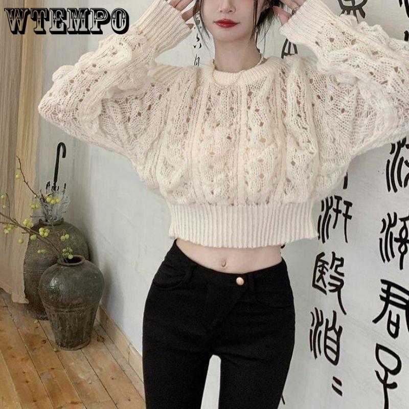 French Autumn Sweater Women's Solid Color Round Neck Hollow Knit Sweater Bubble Sleeve Knit Sweater Top Casual Knit Sweater