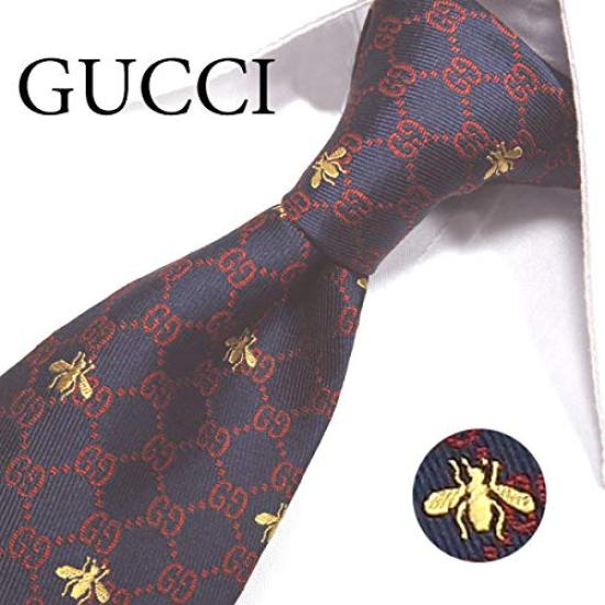 Gucci necktie with BEE pattern (7cm) (Navy/Red (GG41)) [Used]